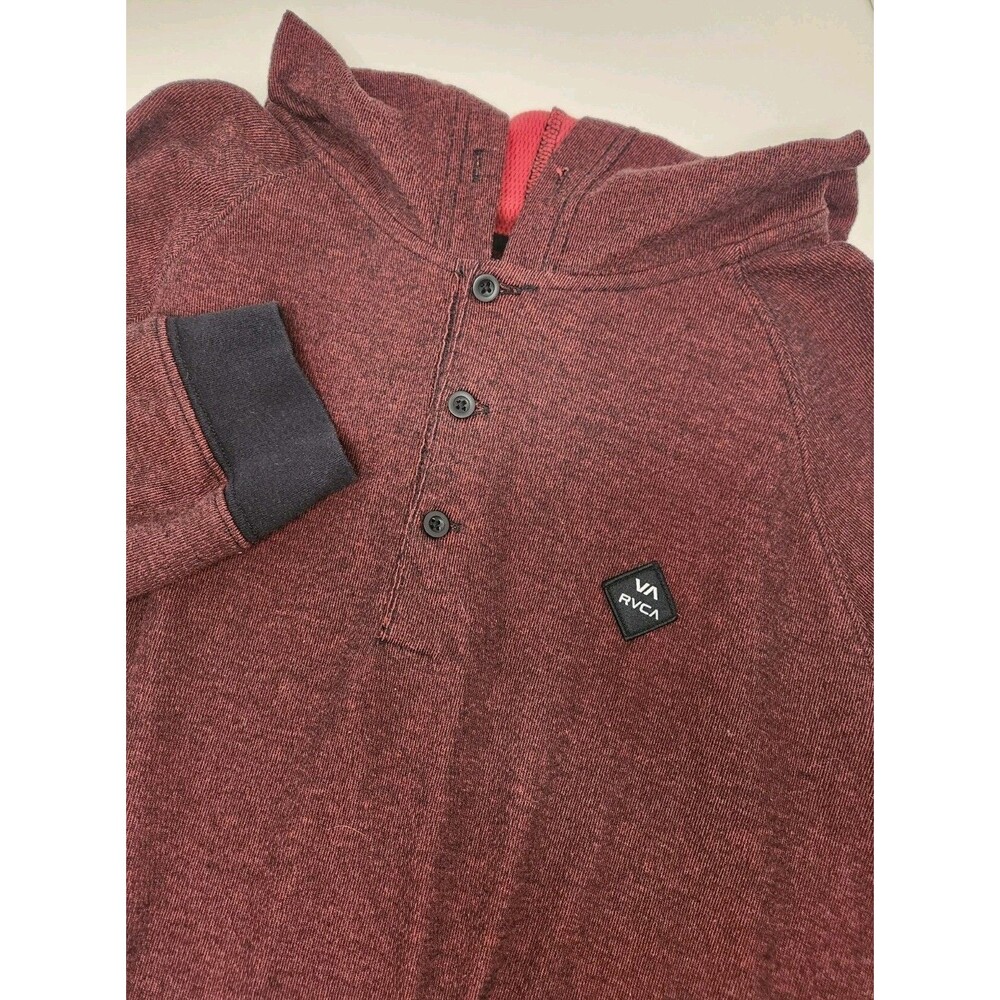 RVCA Hooded Henley Sweater Shirt Men's L Burgundy Long Sleeve Logo Regular Fit